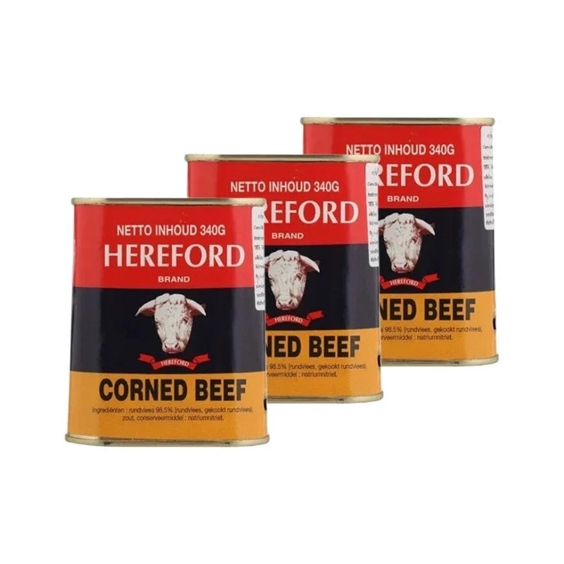 Hereford gluten-free corned beef cans, 340g each, stacked in a row, ideal for dry grocery shopping.
