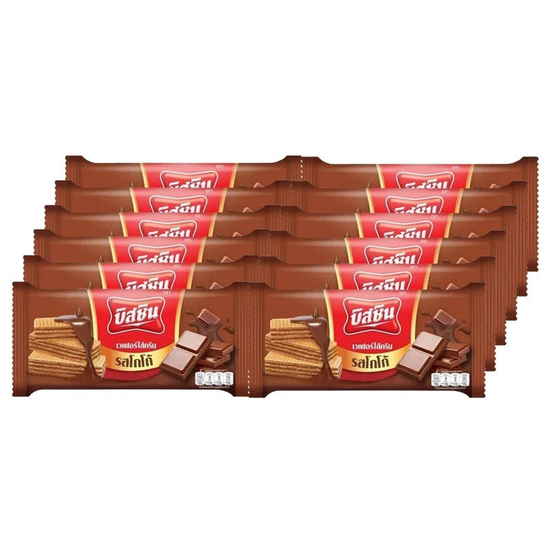 BISSIN Cocoa Flavored Wafers Sachets, 24g, dry grocery product with crispy wafers coated in cocoa flavor.