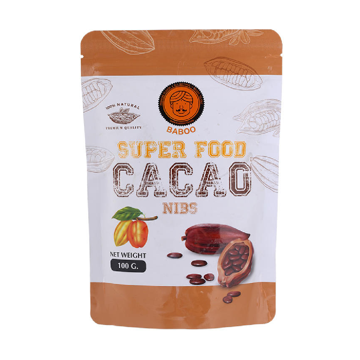 Baboo Raw Cacao Nibs in a clear bowl, showcasing small, crunchy dark cacao pieces for healthy confectionery snacking.