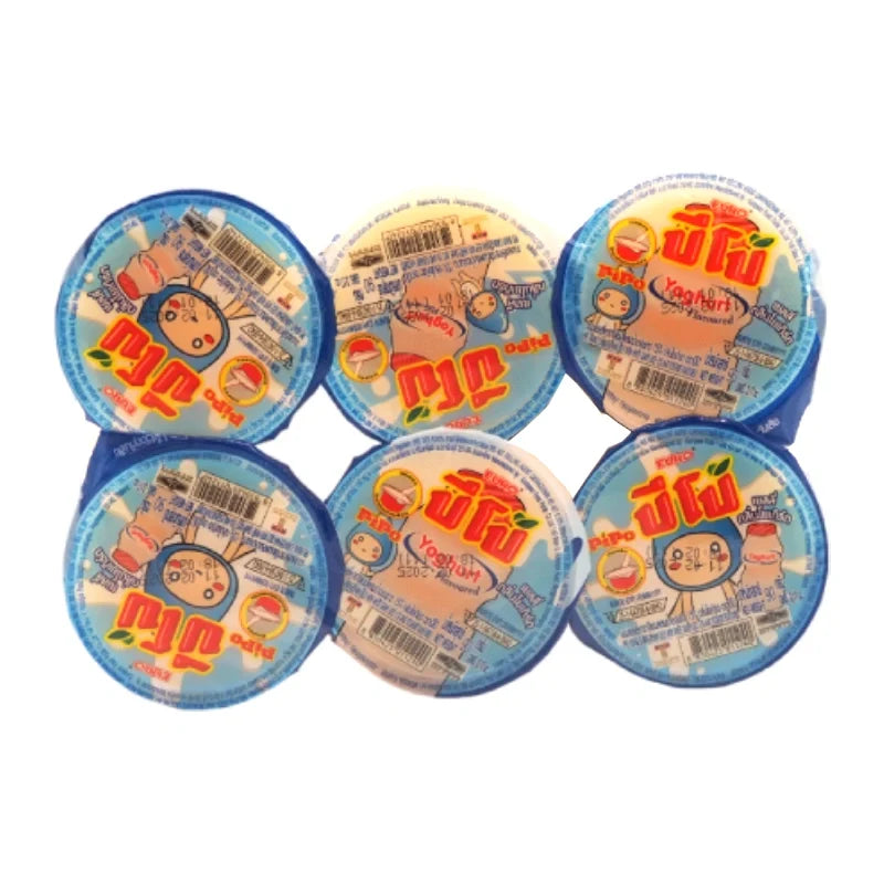 Six packs of PIPO Jelly Yogurt snack in 90g packages, colorful and chewy confectionery treats from PIPO.