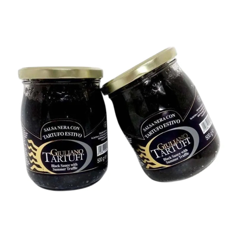 Giuliano Tartufi black truffle sauce in 500g jar, showcasing rich black truffle pieces and smooth sauce texture.