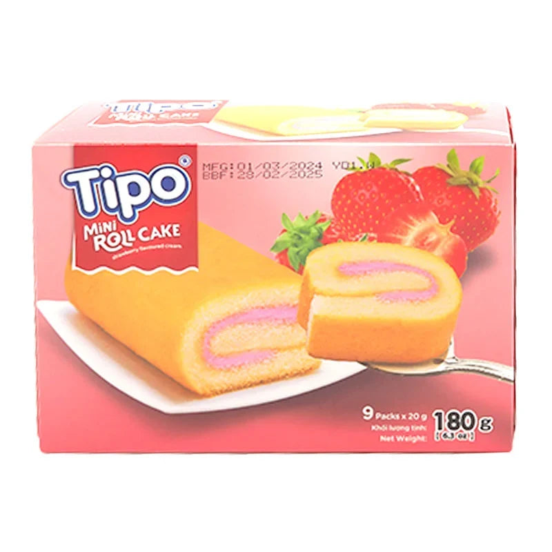 Tipo Mini Roll Cake Strawberry 20g, dry grocery snack, showing a small, individually wrapped strawberry-flavored mini cake roll.