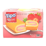 Tipo Mini Roll Cake Strawberry 20g, dry grocery snack, showing a small, individually wrapped strawberry-flavored mini cake roll.
