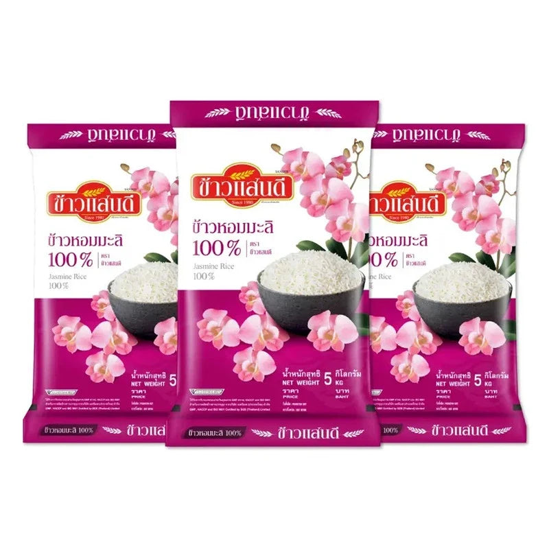 Sandee Jasmine Rice 100% Pink, 5kg package, dry grocery product, showing the pink rice grains in the image.