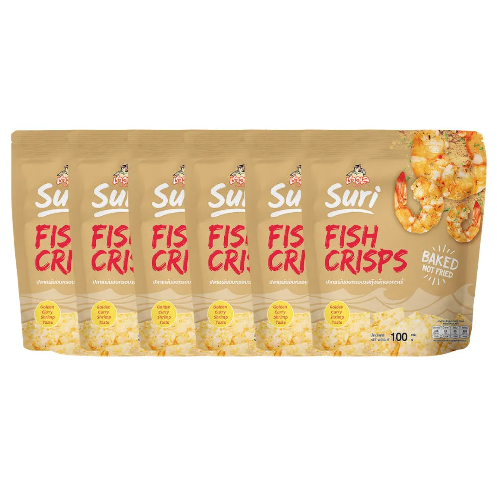 Six packs of CHAOLAY Fish Crisps snack in 100g packaging, showcasing crispy, golden fish flavored snack treats.