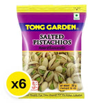 Six packs of Tong Garden salted pistachios in 30g snack bags, perfect for dry grocery and snack options.