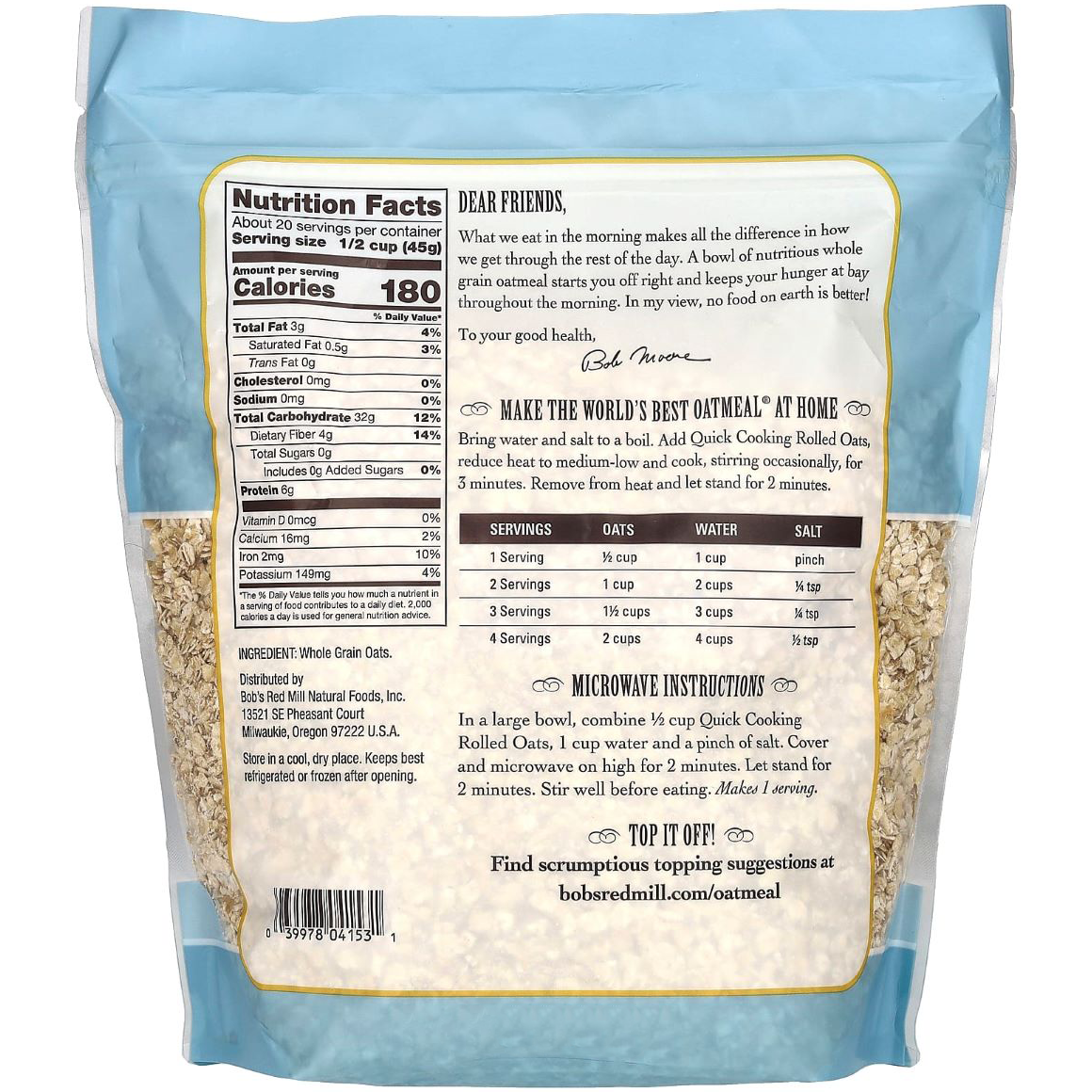 Bob's Red Mill quick cooking rolled oats in a bag, showing the product packaging and oats inside.