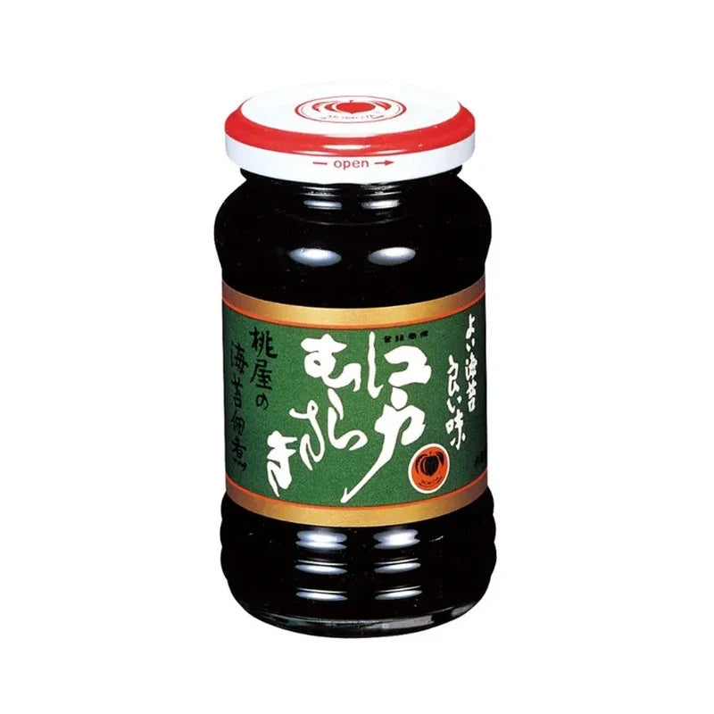 Momoya Edo Murasaki Nori Tsukudani with Japanese seaweed and soy, dry grocery product, close-up of packaged seaweed condiment.