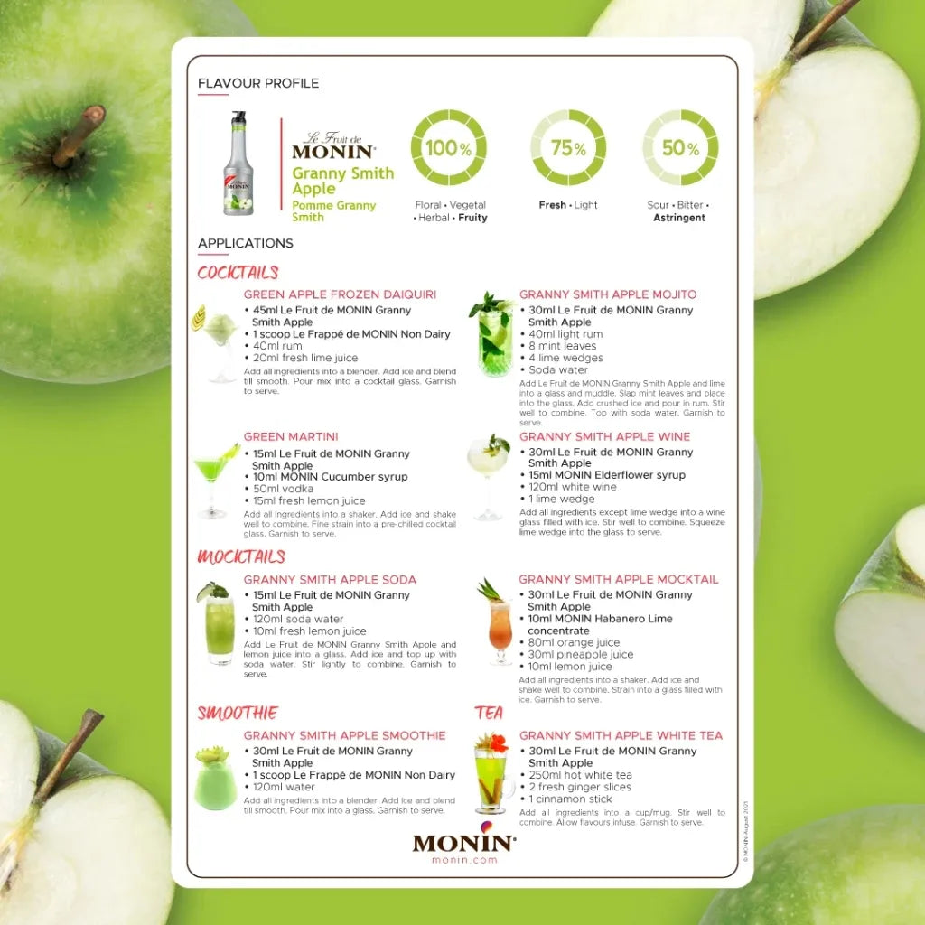 Monin Granny Smith Apple fruit mix in a 1000ml bottle, ideal for dry grocery use, featuring fresh apple flavor.