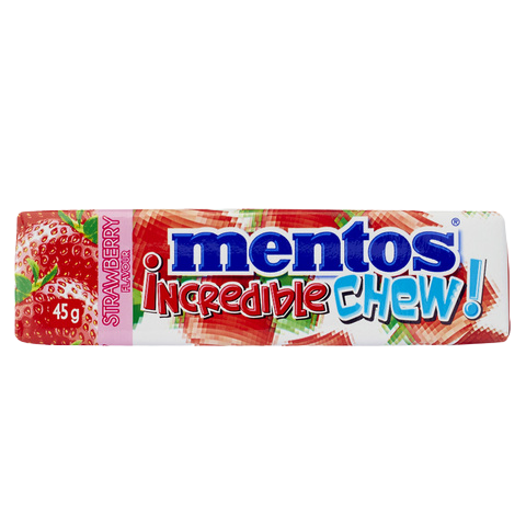 Mentos Incredible Strawberry chewy candies in colorful packaging, showcasing vibrant red strawberry flavor and soft texture.