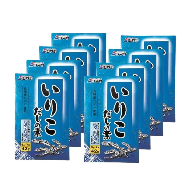 Shimaya Iriko Dashi No Moto Nagasaki sardine granules in a package, used as a Japanese dry dashi stock ingredient.