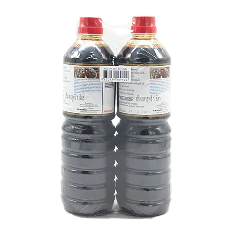 Kikkoman soy sauce 1L bottles, showing the dark liquid and label, in a pair for cooking and seasoning.