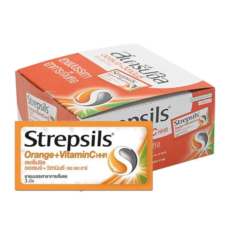 Pack of 12 Strepsils Lozenges Orange with Vitamin C from STREPSILS, showing orange-flavored lozenges in blister packaging.
