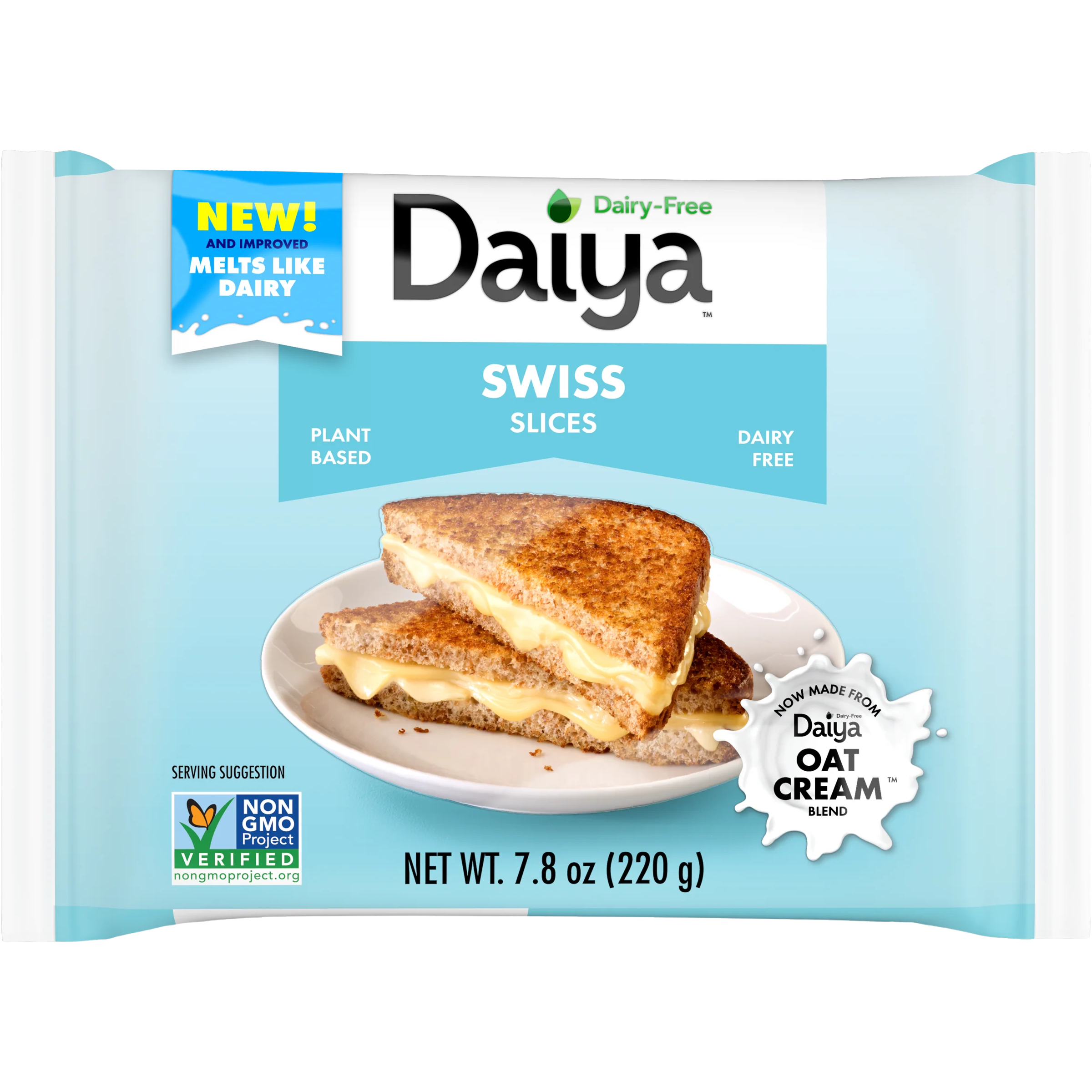 Daiya vegan Swiss cheese slices stacked on a plate, showcasing their creamy texture and plant-based ingredients.