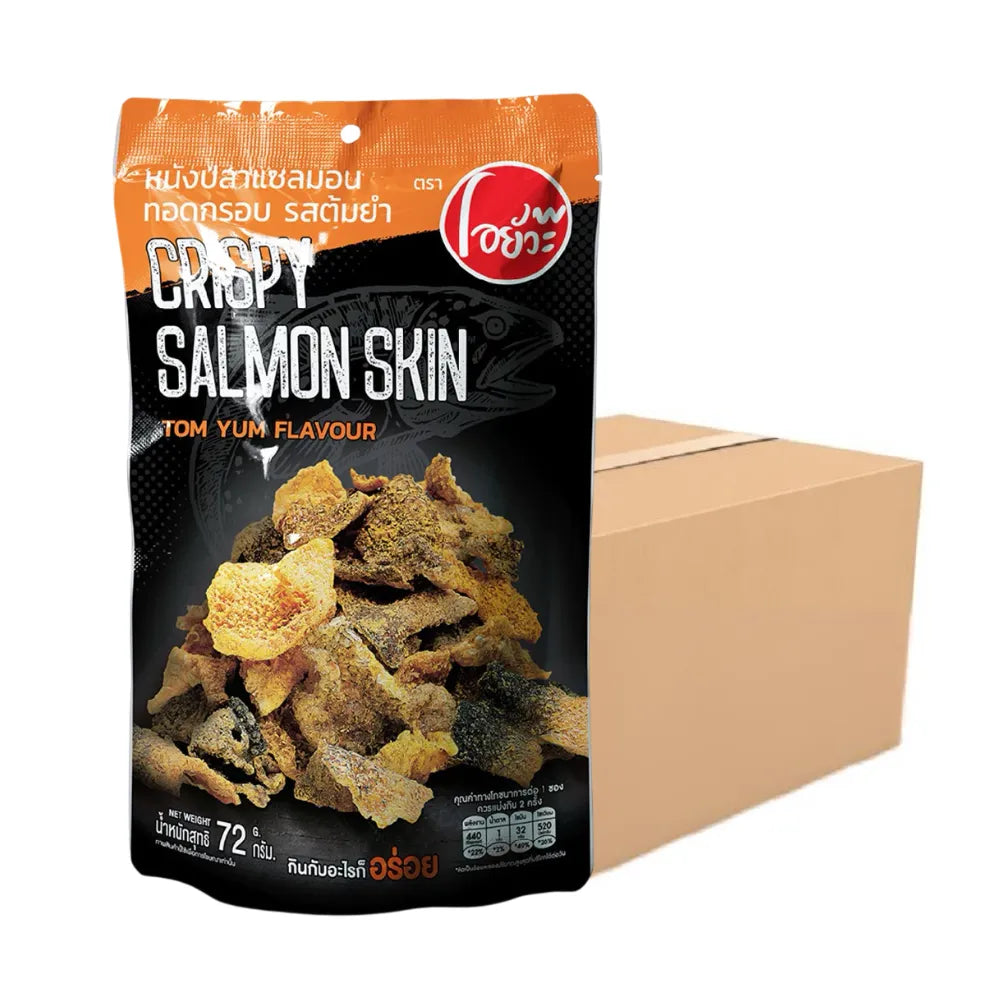 O-YUA Fish Skin Crispy Salmon Snack with Tom Yum Kung flavor, 72g, showcasing the crunchy, seasoned snack in a close-up view.