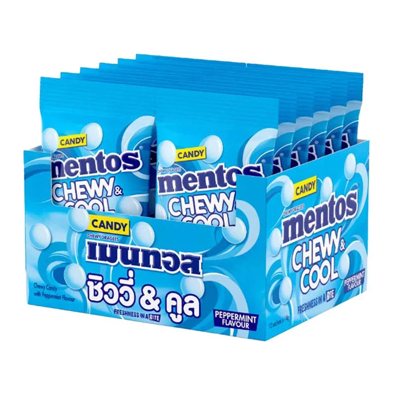 Mentos Chewycool Peppermint candies in 14g pack, featuring white chewy mints with peppermint flavor from MENTOS.