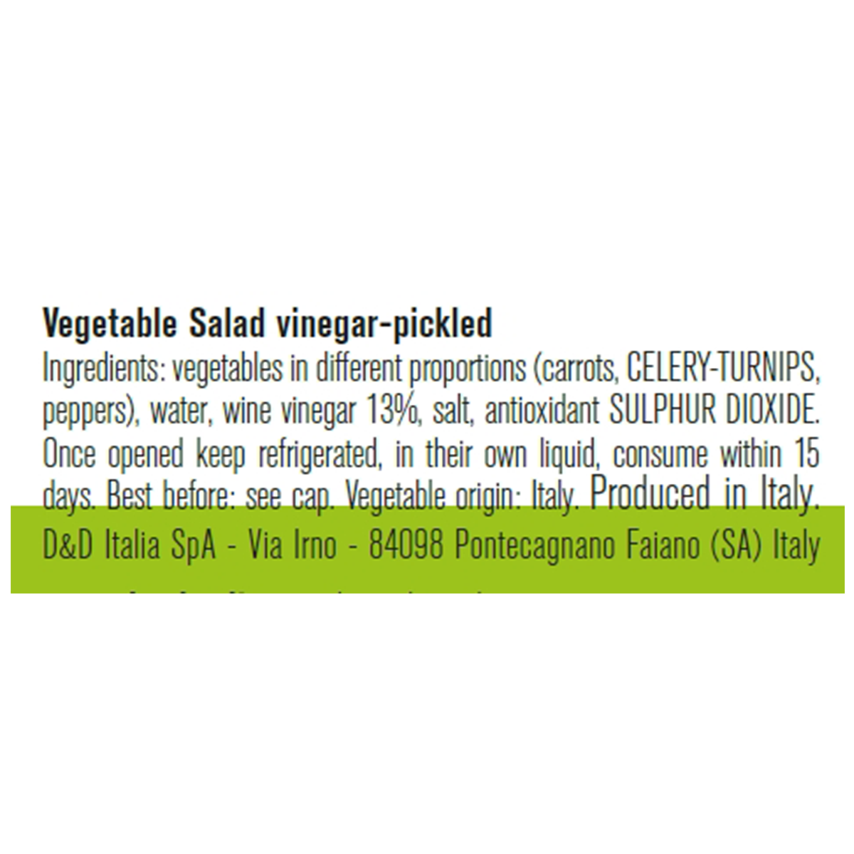 D'Amico Vegetable Salad Vinegar bottle showing label with green and white design, used for dressings and salads.
