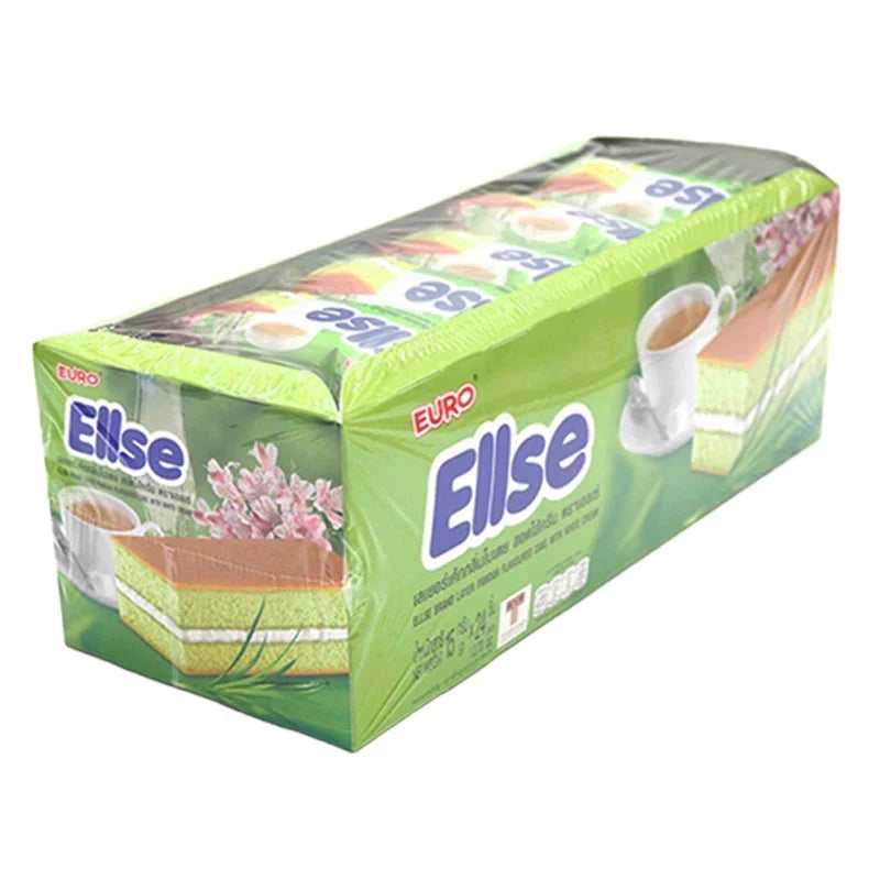 Ellse Pandan Layer Cake snack, 15g dry grocery confectionery with green pandan flavor and layered cake appearance.