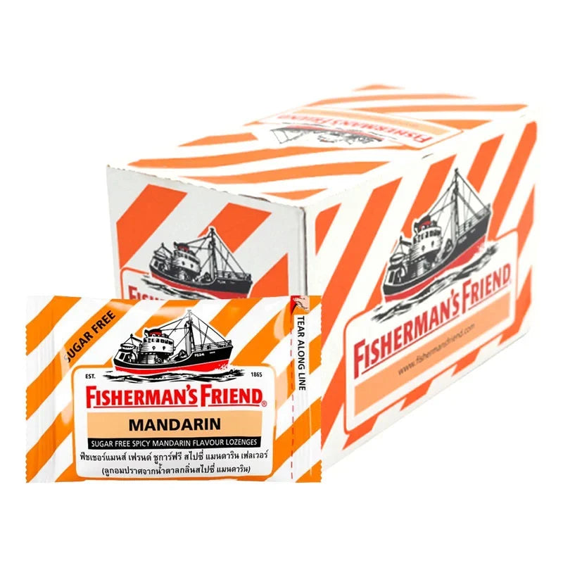 Fisherman's Friend Spicy Mandarin Lozenges in a clear package, showcasing the citrus-flavored throat lozenges for dry grocery and snacks.