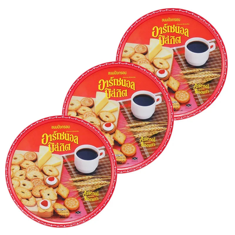 Arsenal Biscuit 380g pack, featuring three boxes of crunchy dry grocery snacks and confectionery biscuits.