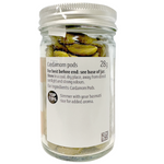 Sainsbury's cardamom pods in a clear container, showing small green aromatic spice seeds for cooking and baking.
