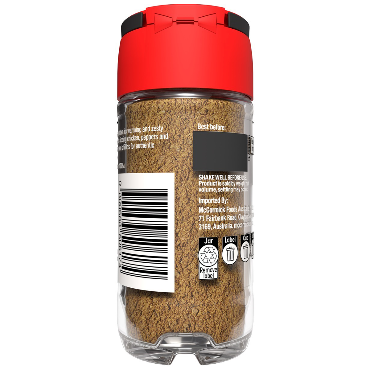 Ground coriander seeds from McCormick in a clear container, showing the light brown, finely ground spice for cooking and baking.