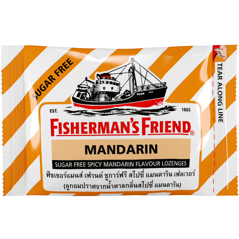 Fisherman's Friend Spicy Mandarin confectionery snacks in a bright package with spicy mandarin candies inside.