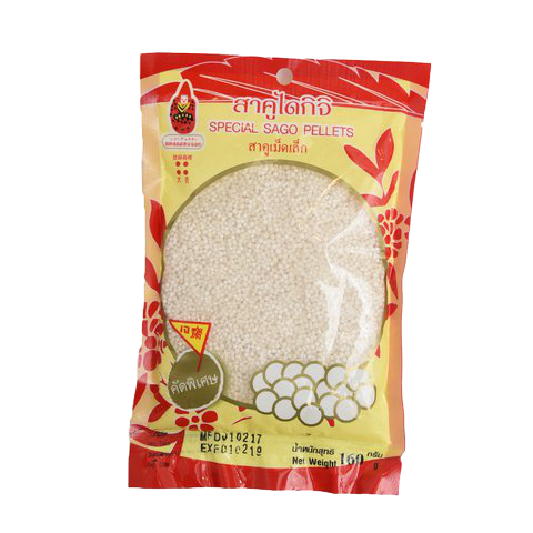 Daikichi Special Sago Pellets small in clear container, used for cooking and desserts, from the Daikichi grocery brand.