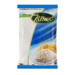 Raitip Glutinous Rice in a clear bag, showing the sticky rice grains suitable for cooking Asian desserts and dishes.
