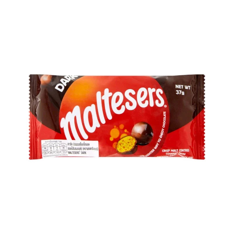 Maltesers Dark Chocolate snack box with 6 packs of crispy malt balls coated in dark chocolate from Maltesers.