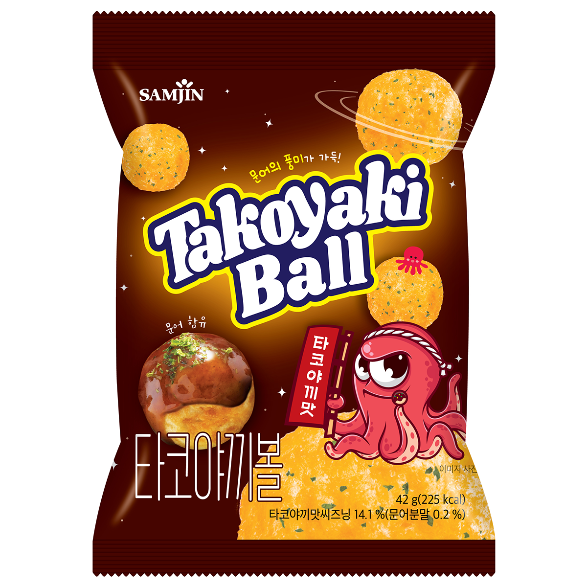 Samjin Takoyaki Ball confectionery snack featuring crispy, golden-brown fried octopus-shaped balls in a tray.