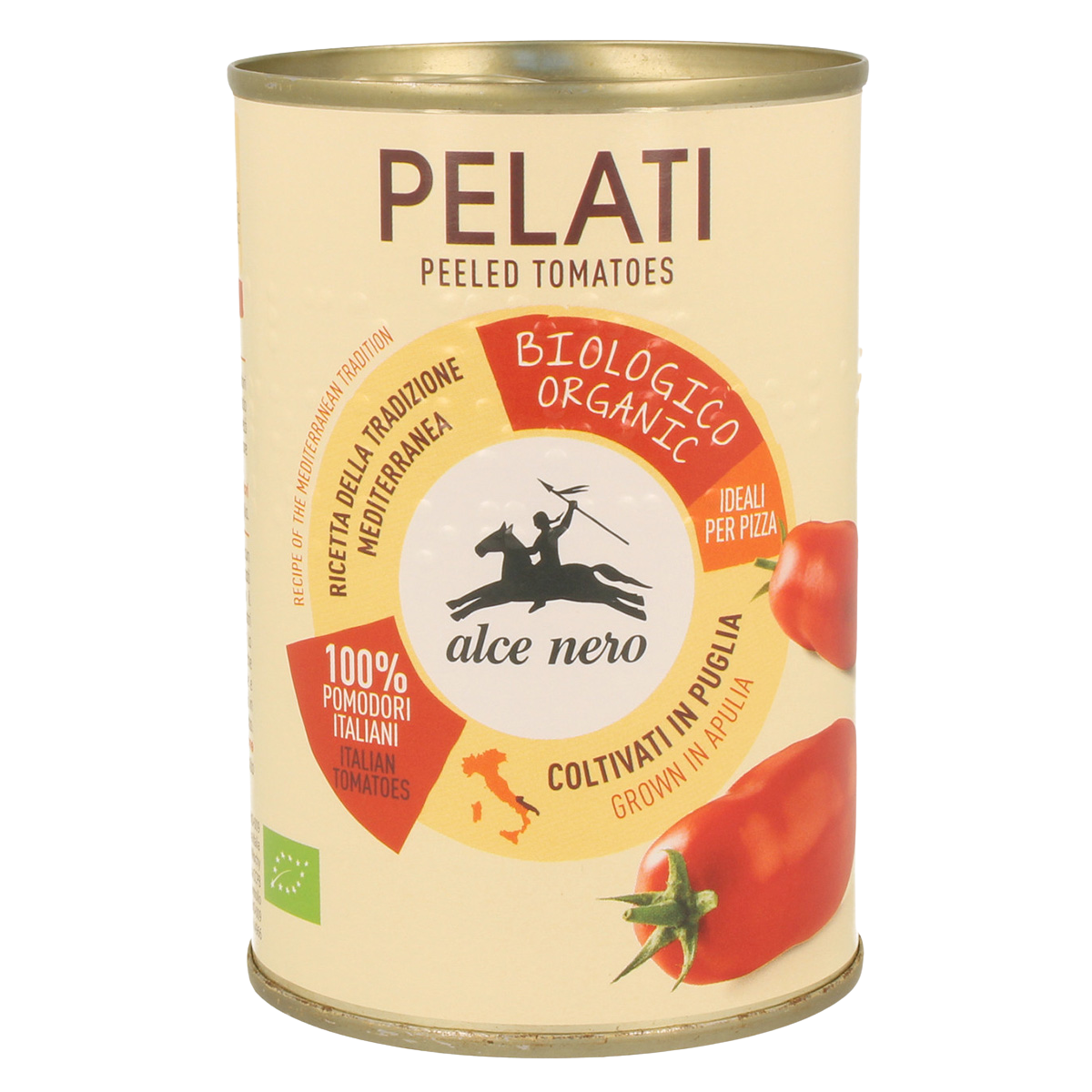 Organic whole peeled tomatoes by Alce Nero in a glass jar, ready for cooking or sauces.