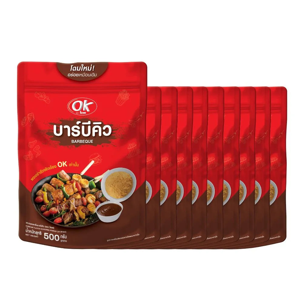 OK Shake Powder Barbecue Flavor 500g, dry grocery product with barbecue seasoning in a resealable packet.