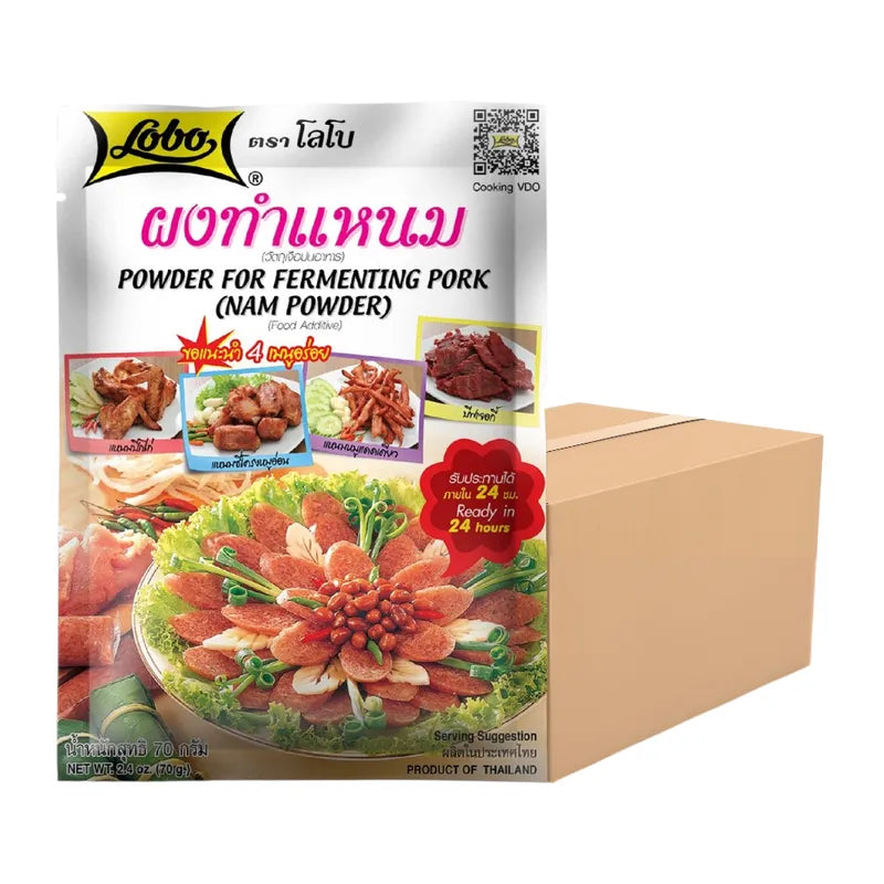 Lobo Pork Making Powder 70g in box, dry grocery product for seasoning and flavoring meat dishes.