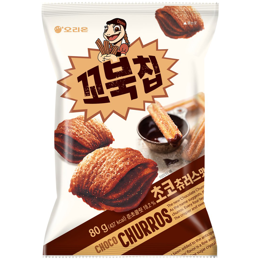 Orion Kobuk Chip Choco Churros flavored confectionery snacks in a colorful package, showcasing crunchy churros with chocolate flavor.