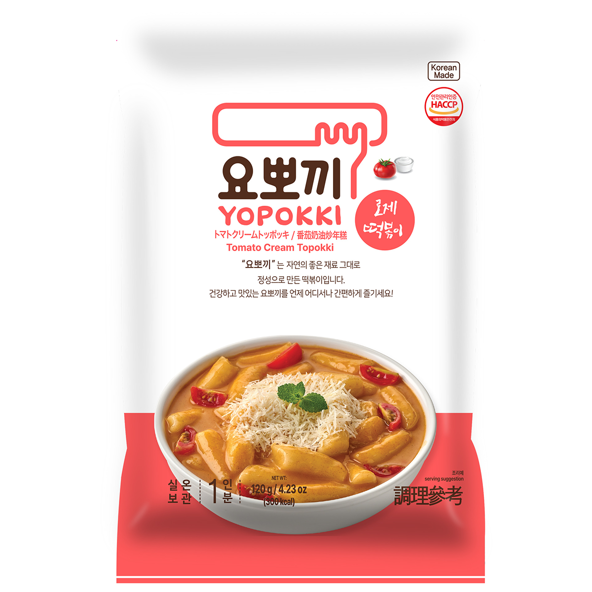 Young Poong Yopokki Tomato Cream Topokki in a grocery package, showcasing the spicy and creamy Korean snack.