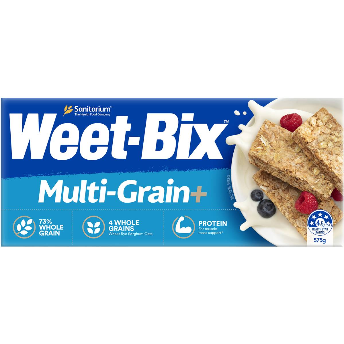 Sanitarium Weet Bix Blends Multi Grain+ breakfast cereal in a bowl with grains and fruit, ready to eat.
