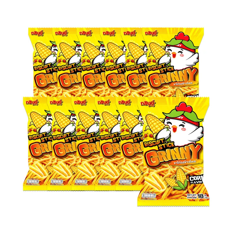 Grinny Biscuit Stick Corn Flavour snack, 18g, dry grocery snack with crunchy texture and corn flavor, in colorful packaging.