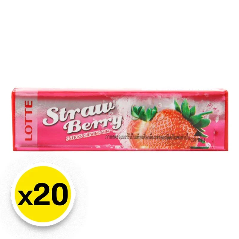 Lotte Strawberry Gum pack with 20 individual 13.5g packs, featuring colorful packaging and images of strawberries on the front.