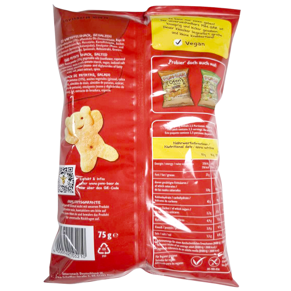 Funny Frisch Pom Bar Original confectionery snack with crunchy, caramel-coated puffed corn in a colorful package.