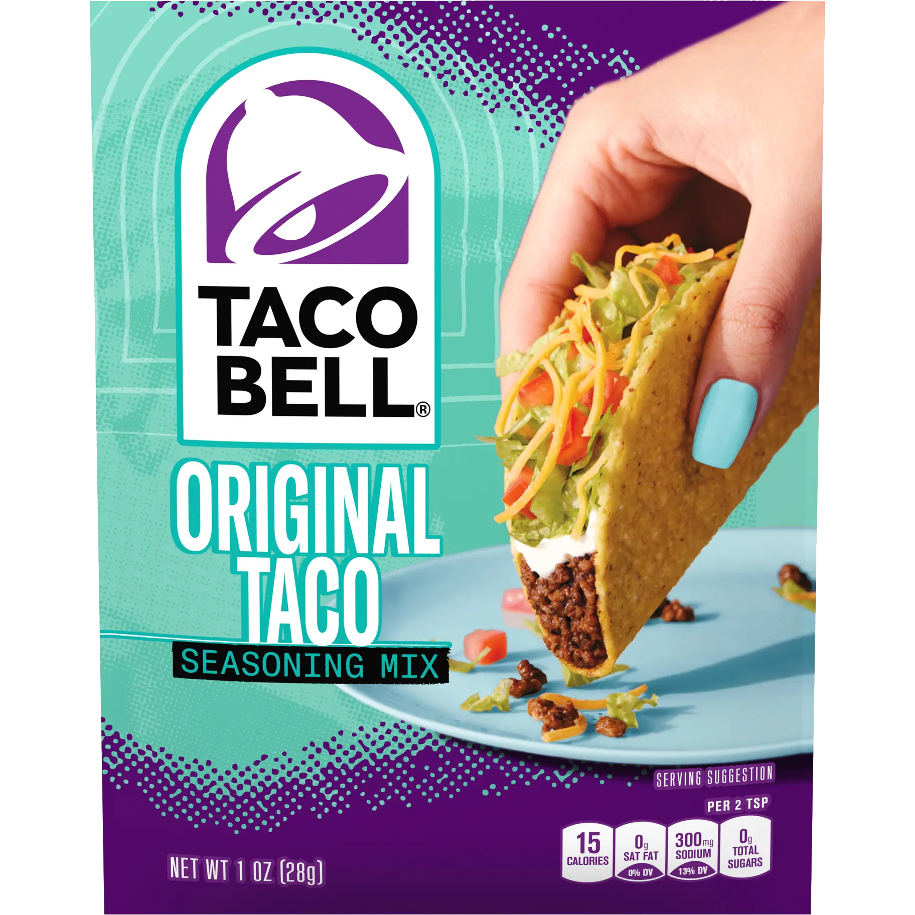 Taco Bell Taco Seasoning Mix in a packet, used for flavoring tacos and Mexican dishes in grocery cooking.