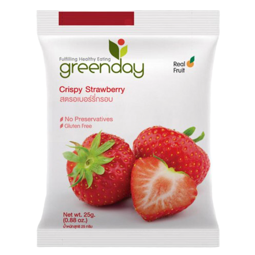 Greenday Crispy Strawberry confectionery snacks in a colorful package, showcasing crispy strawberry-flavored treats.