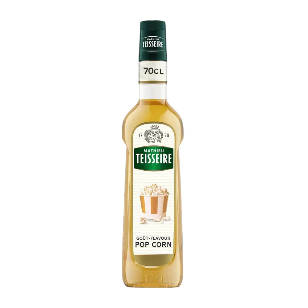 Mathieu Teisseire popcorn syrup bottle, 700ml, in clear plastic with colorful label, used for flavoring popcorn and snacks.