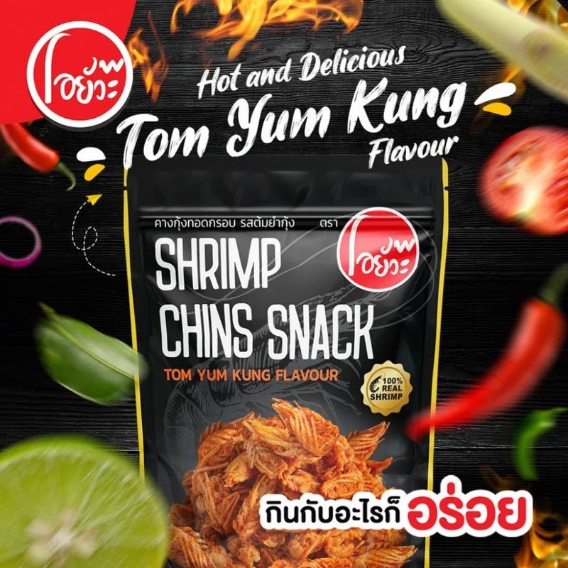 O-YUA Crispy Fried Shrimp snack with Chin Tom Yum Kung flavor, 72g, showcasing crunchy shrimp chips in a vibrant package.