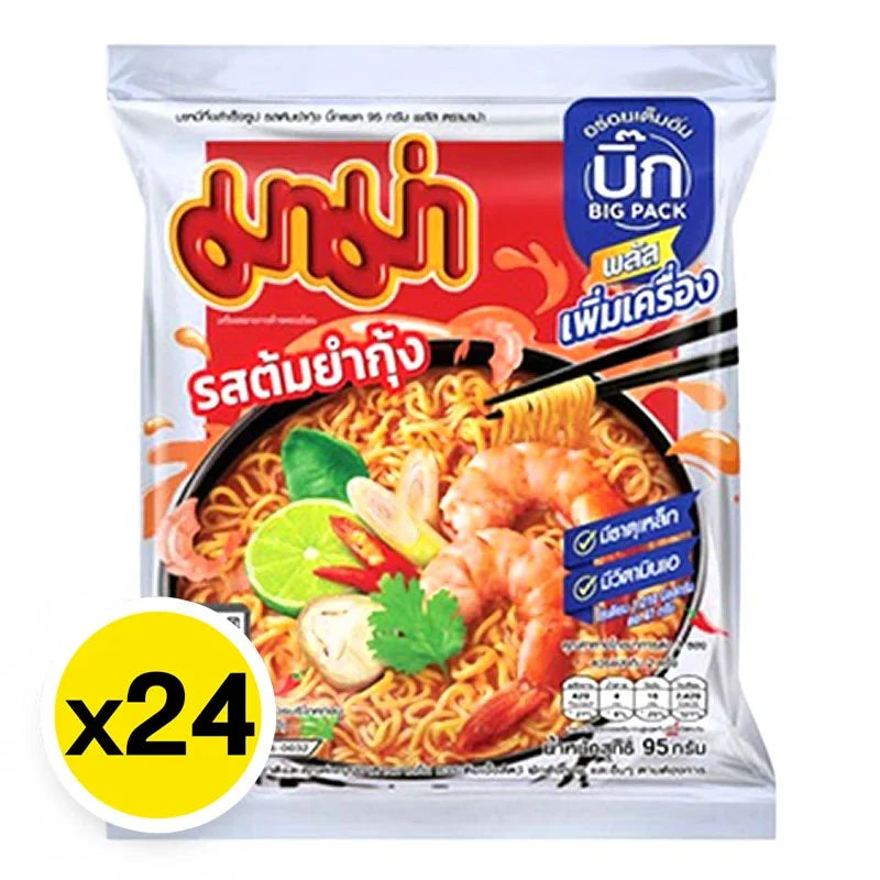 Mama Big Pack Instant Noodle Shrimp Tom Yum, 95g, dry grocery, flavor-packed Thai-style seafood ramen, 24-pack.