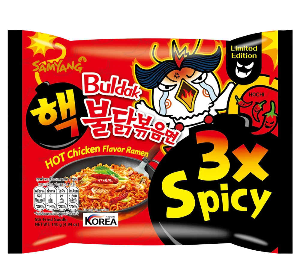 Spicy Samyang Buldak Hot Chicken 3x Spicy Ramen package with fiery noodles and flavor sauce for instant Korean-style hot chicken ramen