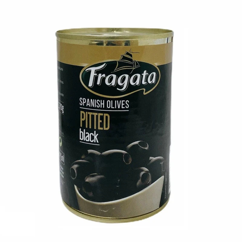 Close-up of FRAGATA pitted black olives in a 400g jar, showcasing glossy, ripe olives ready for cooking or snacking.