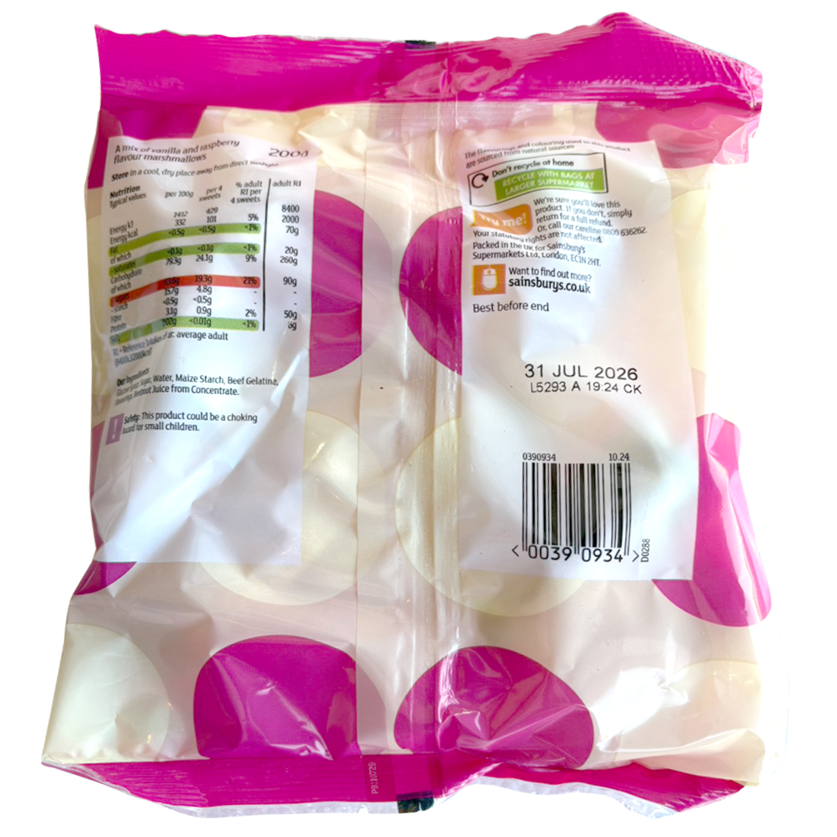 Sainsbury's marshmallows, soft and fluffy confectionery snacks in a clear bowl, showing their sweet, pastel-colored appearance.
