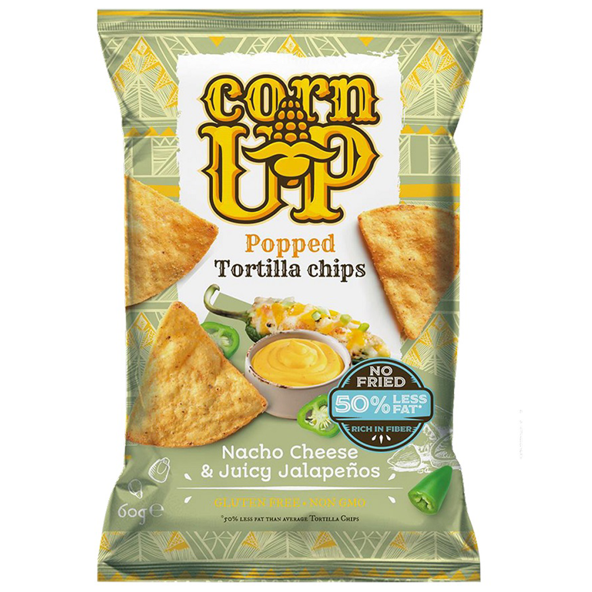 Corn Up Cheese and Juicy Jalapenos confectionery snack in a colorful bag with cheese and jalapeno illustrations.