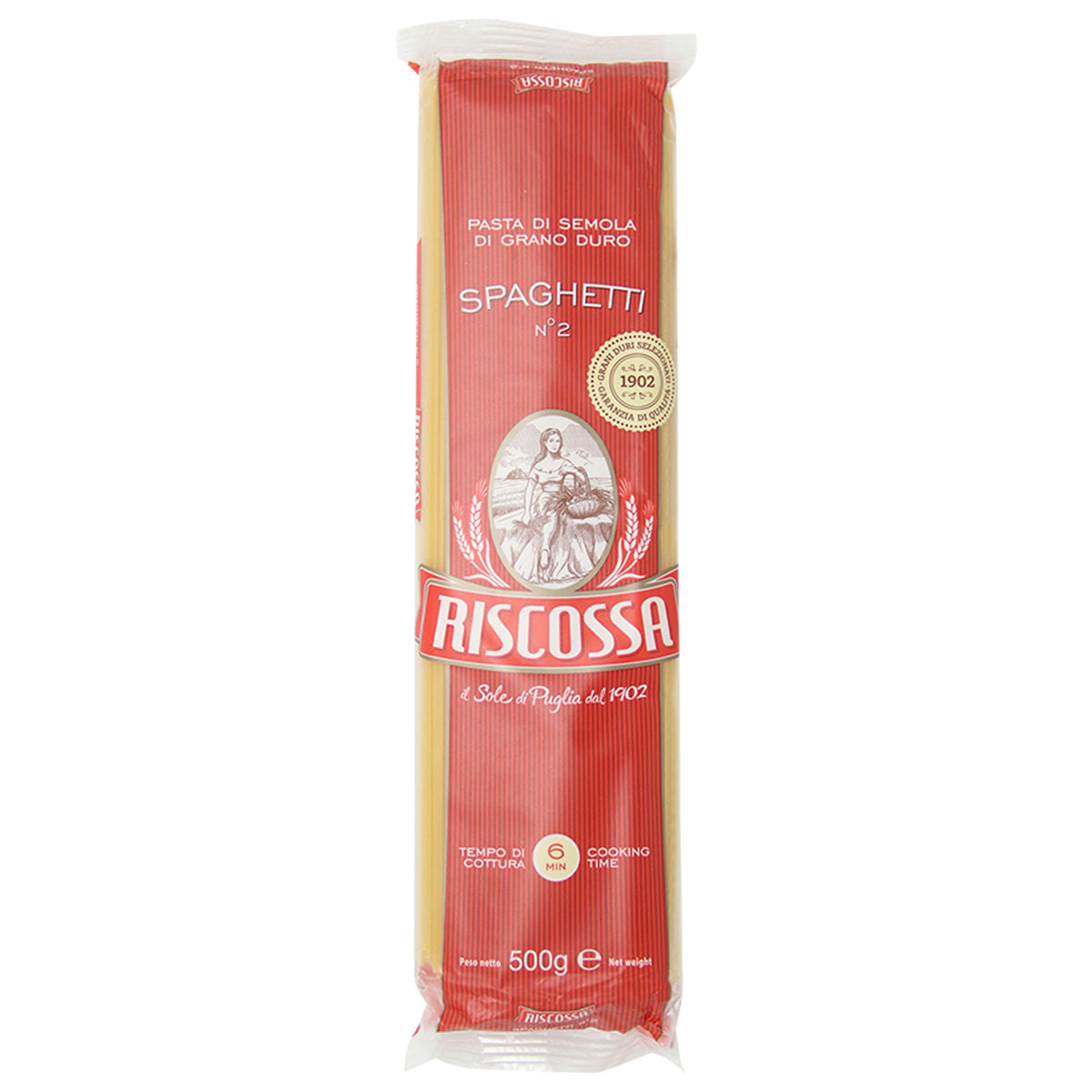 Riscossa Spaghetti #2 in a grocery image, showcasing long, thin pasta strands made by Riscossa brand.